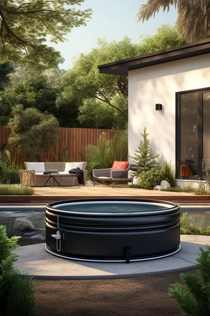 backyard with a stock tank pool surrounded by lush greenery and accented with black and white details