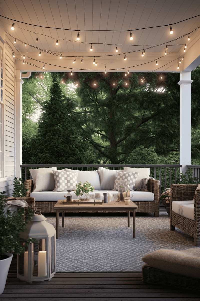 back porch setup featuring white rattan sofa and chairs around a coffee table, accented by a jute rug, string lights, and greenery