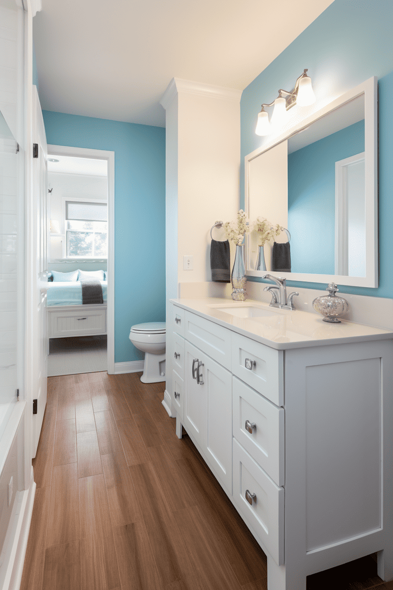 bathroom with brown floor tiles, white walls, and powder blue accents. Include fresh white flowers and a vanity with crystal pulls