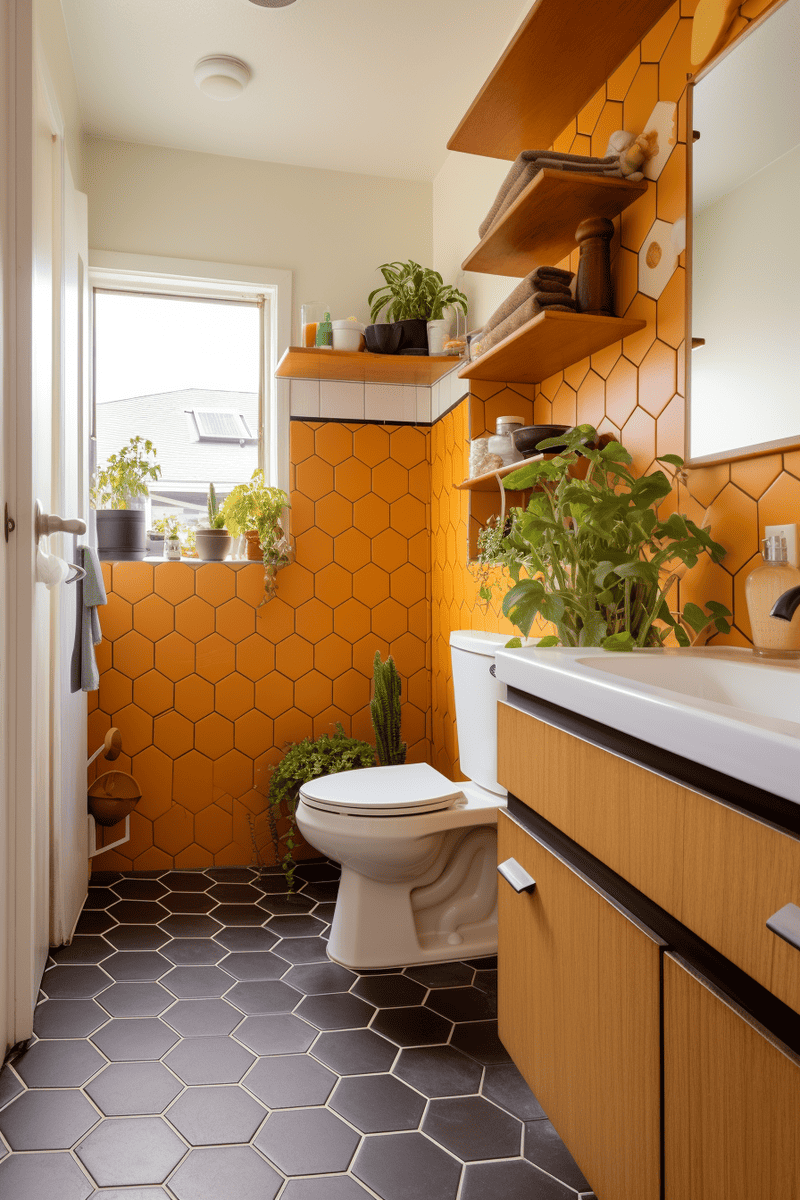bathroom with honey-colored wood cabinetry, dark brown hexagon floor tiles, and a colorful patterned wall tile. Include a potted plant and storage baskets