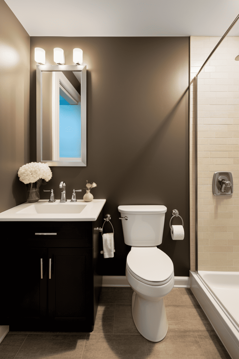 small bathroom with large brown floor tiles and matching walls. Emphasize a contrasting shower surround and silver fixtures