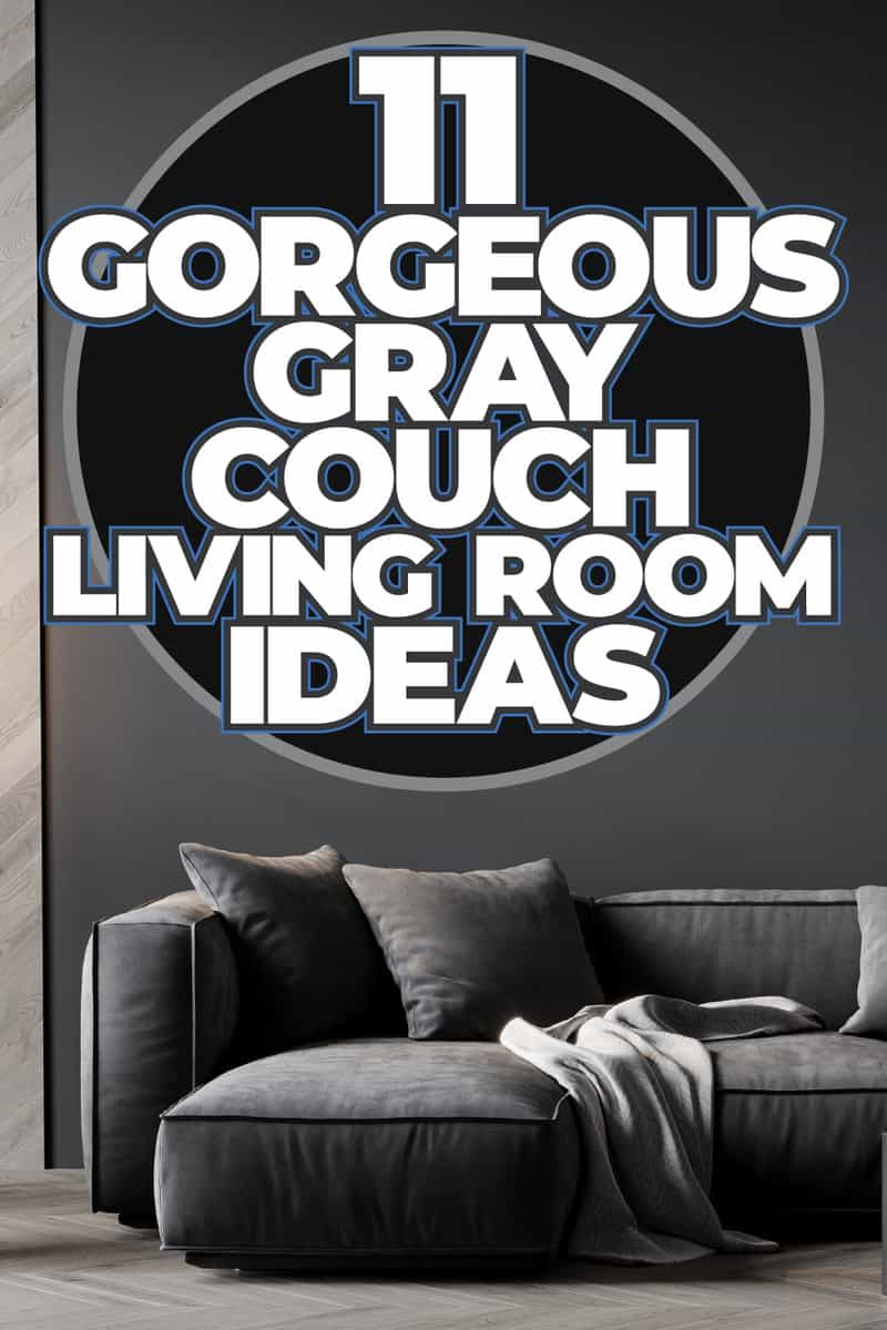 Designer metal tables near gray corner couch in spacious living room with gallery on blue wall, 11 Gorgeous Gray Couch Living Room Ideas