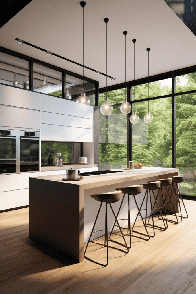 A contemporary kitchen design boasting a sleek white island with a dark countertop, modern bar stools, and unique pendant lights, all overlooking a verdant forest through floor-to-ceiling windows ar 2:3