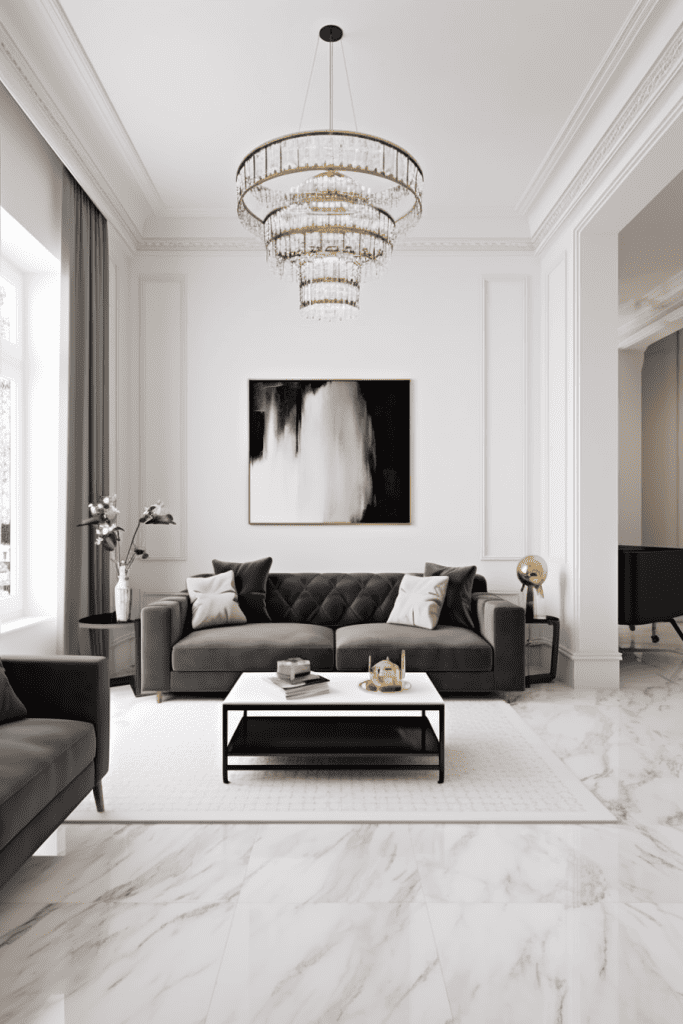A luxurious living room features a tufted dark grey sofa, a white marble coffee table, and an elegant glass chandelier, with a large abstract monochrome artwork on the wall adding a modern touch ar 2:3