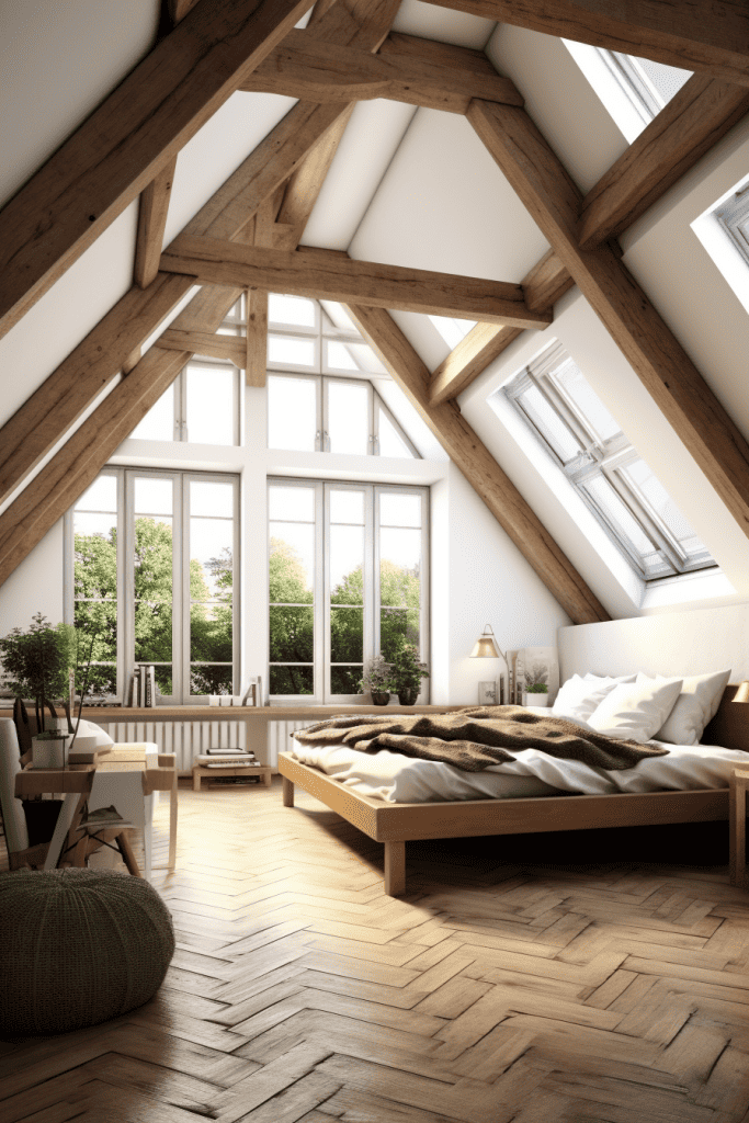 A rustic attic bedroom with exposed wooden beams, a simple low bed with a brown throw, and large windows letting in ample natural light, creating a warm and inviting space ar 2:3