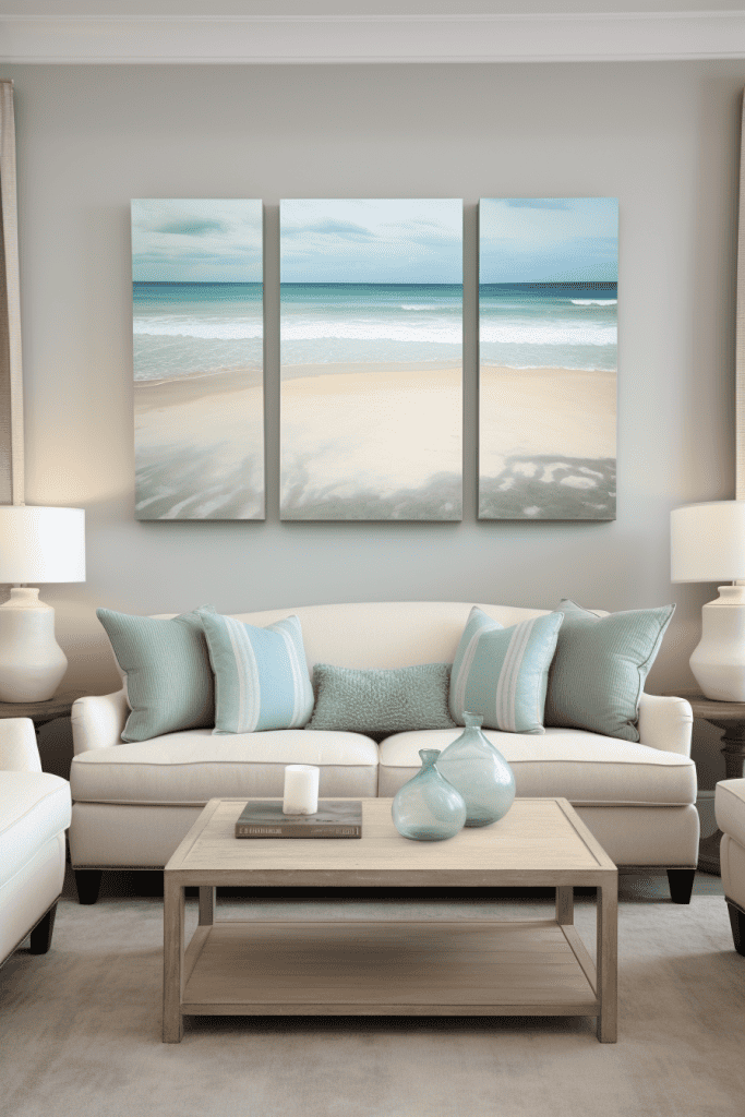 A serene living room features a neutral-toned sofa with pastel blue cushions, complemented by a three-part beach scene artwork above, and flanked by white lamps on side tables ar 2:3