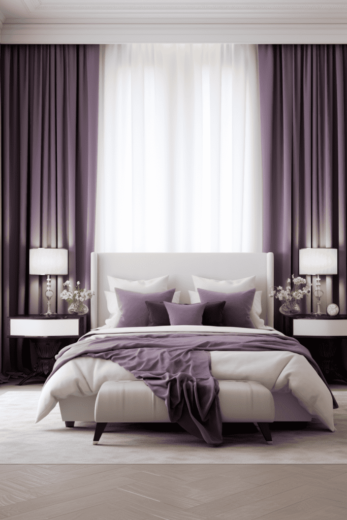 A sophisticated bedroom with a white bed dressed in purple and cream bedding, flanked by mirrored bedside tables with matching lamps, all set against rich purple curtains and soft white drapery ar 2:3