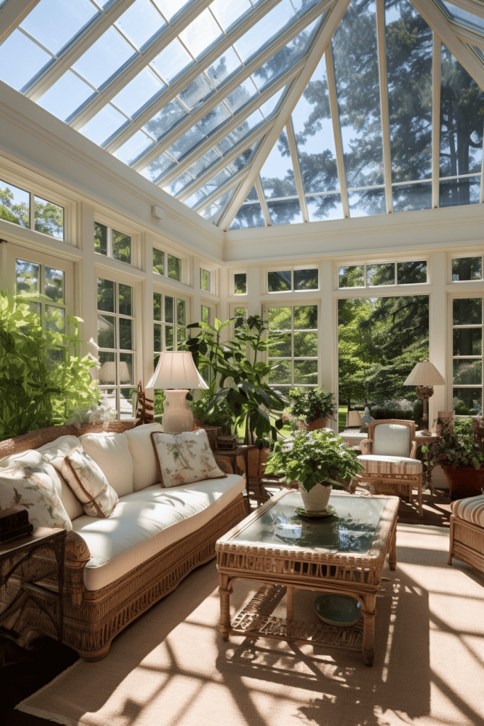 A sunlit conservatory with wicker furniture, lush green plants, and a glass-topped coffee table, surrounded by tall windows and a glass ceiling that showcases the sky and treetops outside ar 2:3