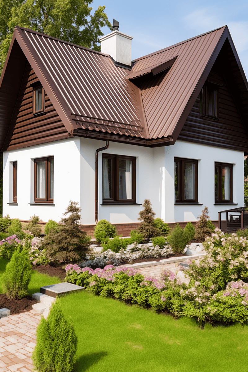 A hyperrealistic exterior image showcasing a brown roof that looks best with beige, cream, and lighter shades of brown. Elevated by wood and black accents for a luxurious design.