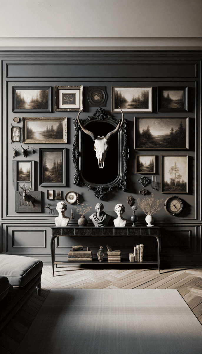 An elegant wall displays a collection of framed landscape paintings, a central skull with antlers, and classical busts on a shelf, all set against dark paneling, conveying western gothic inspired interior design.