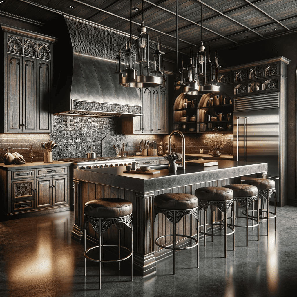 A western gothic themed kitchen with dark wood cabinetry, a central island with leather stools, and elegant pendant lighting.