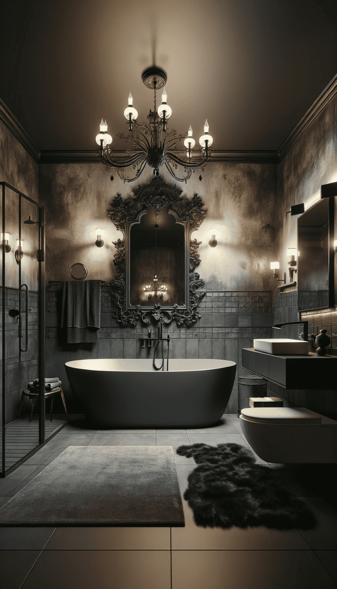 A luxurious bathroom with a dark freestanding bathtub, an ornate mirror, dramatic chandelier lighting, and a moody, textured wall finish for a western gothic-inspired ambiance.