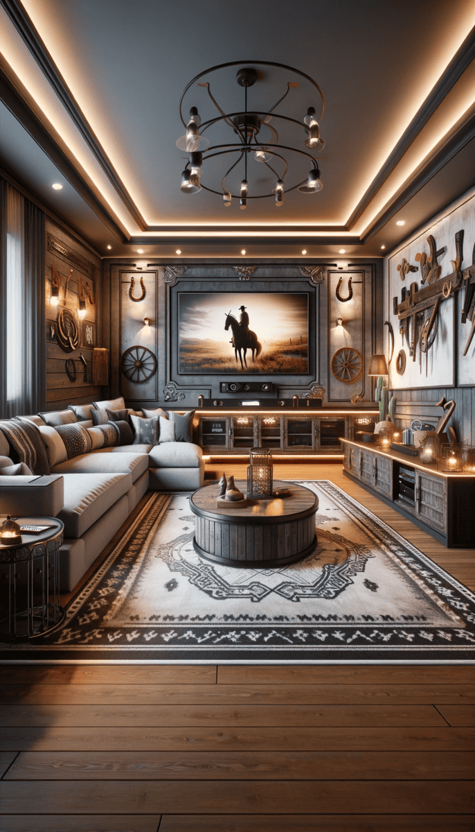 A western-gothic themed living space with a large equestrian painting, surrounded by rustic decor and a cozy sectional sofa, under a chic chandelier and warm ambient lighting.