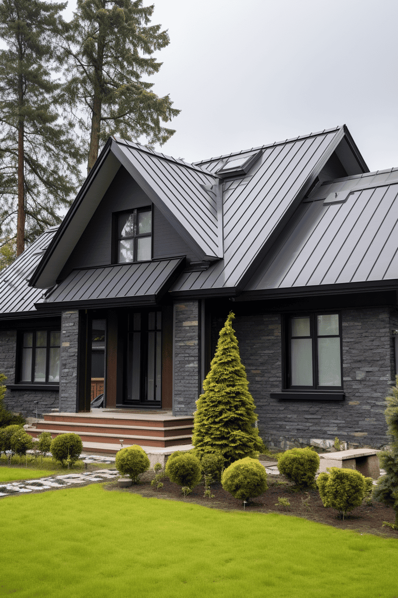 A hyperrealistic exterior image featuring a two-tone roof combination of gray with black or brown, matching well with white or cooler shades of trim, siding, and stonework