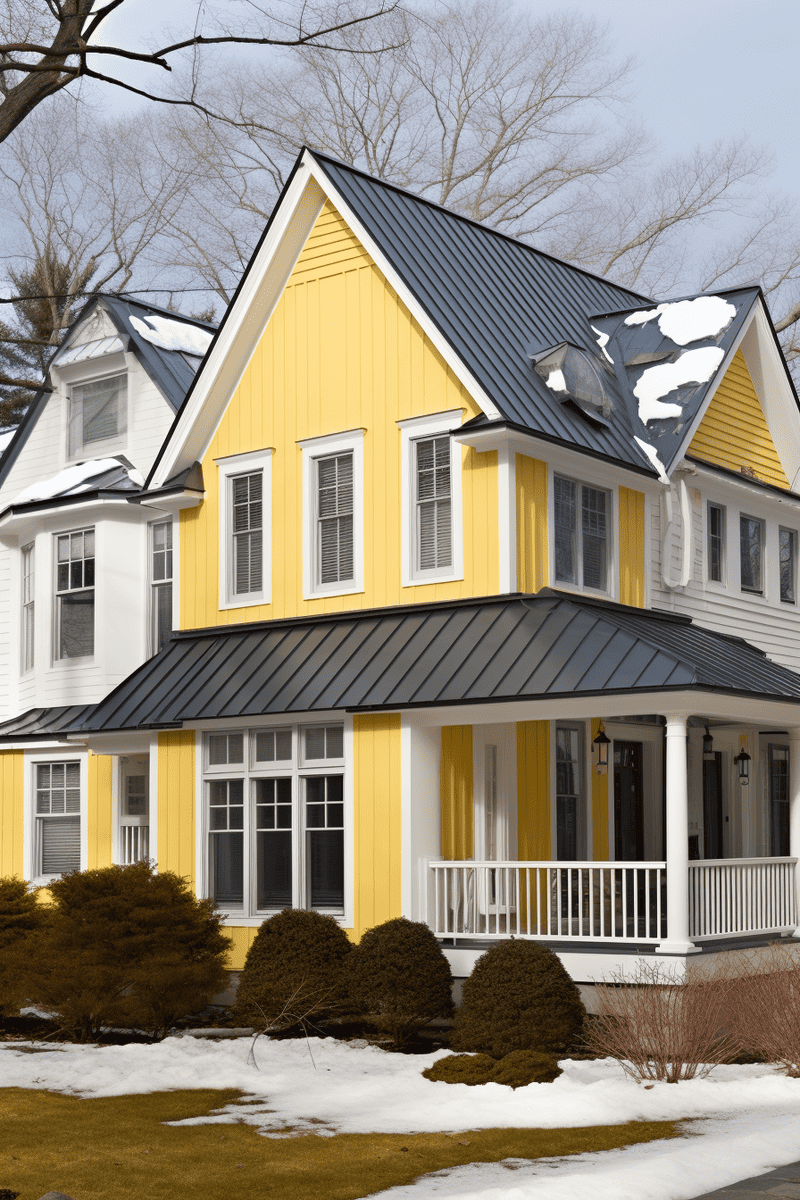 A hyperrealistic exterior image showcasing a light gray roof that complements the subtleness of yellow siding, honey-colored chimneys, and white framings. Versatile and stylish.
