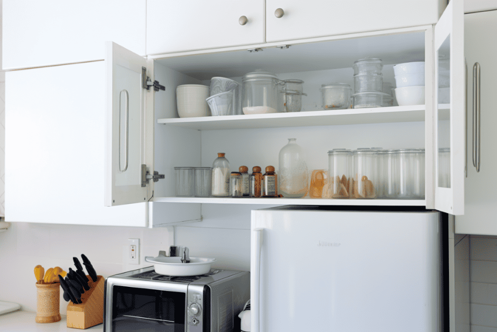 Open cabinet space on top of fridge with assorted jars