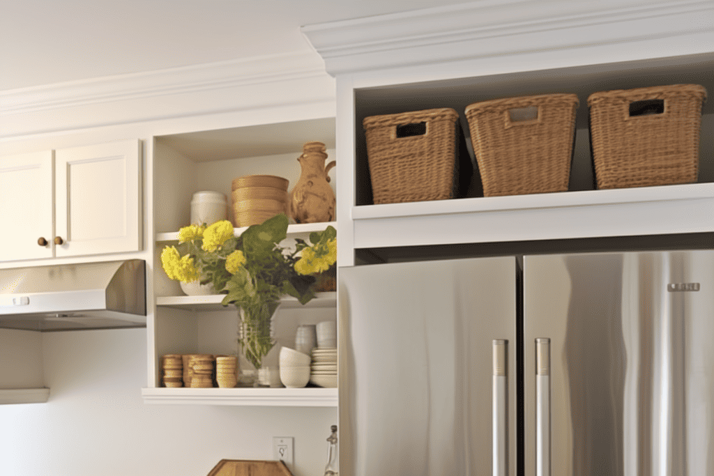 Open cabinet space on top of fridge with baskets and decorative pieces