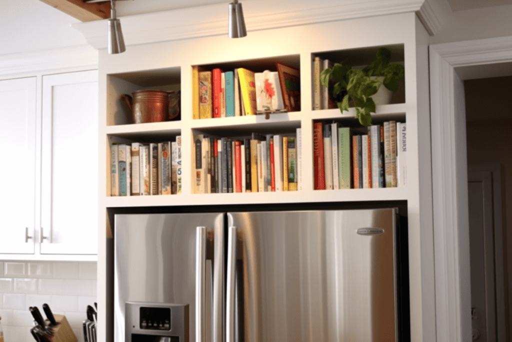 Open cabinet space on top of fridge with cookbooks