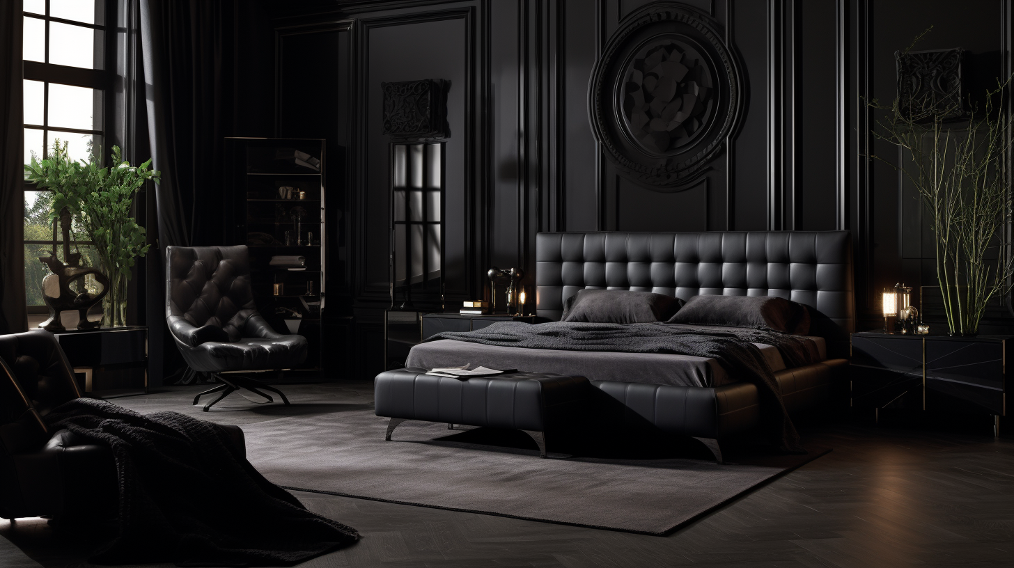 Dark themed modern bedroom with black furnitures and black curtains, 10 Stunning Western Gothic Design Inspiration For Your Home - 1600x900