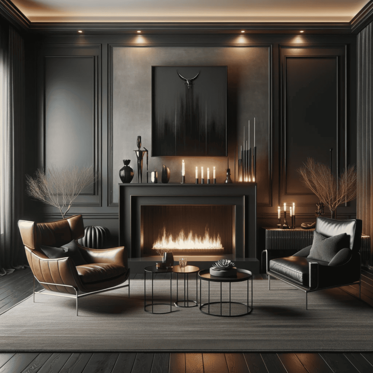 A luxurious living room with dark walls, sleek leather chairs, a modern fireplace with lit candles on the mantle. A western gothic atmosphere.