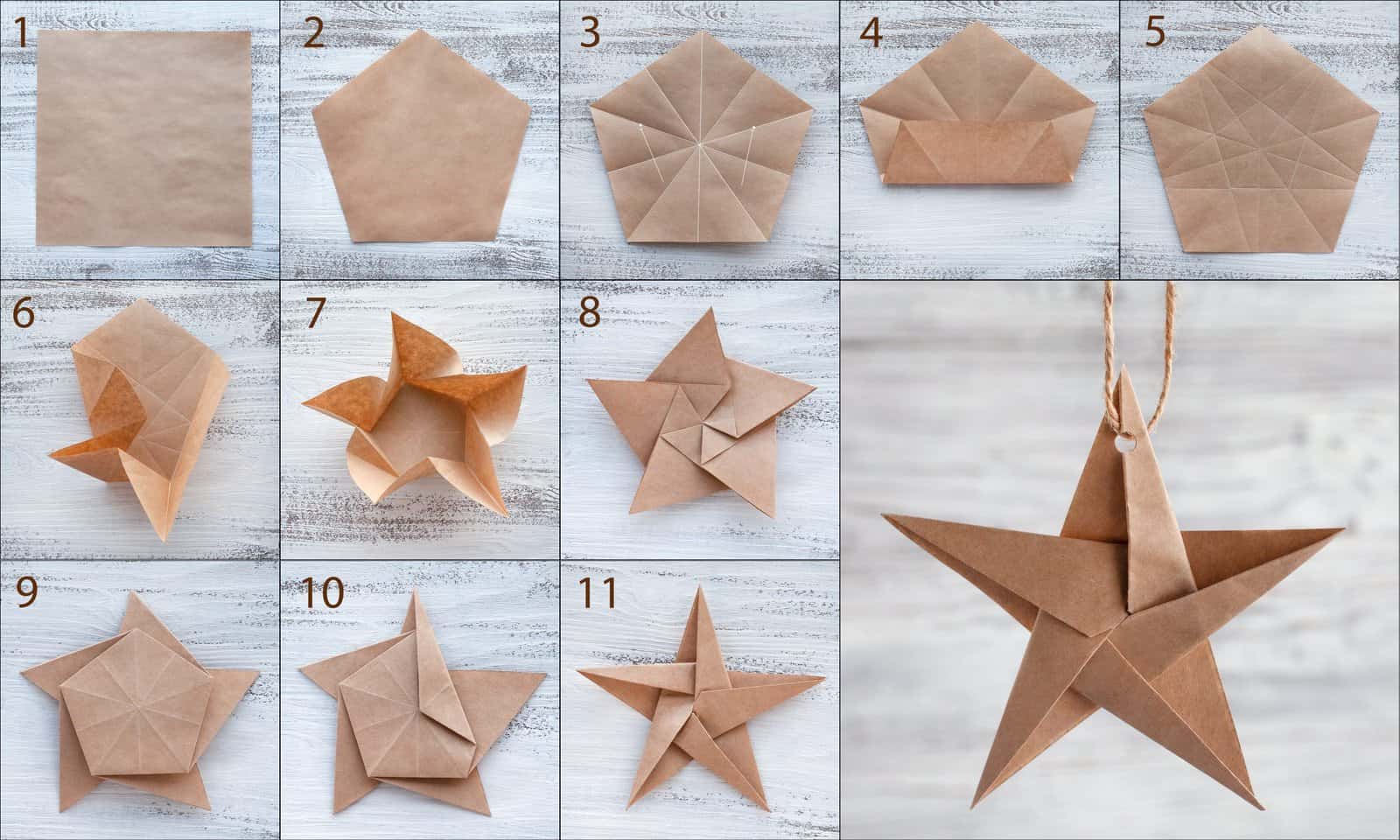 Step-by-step photo instruction how to make origami paper Christmas star.