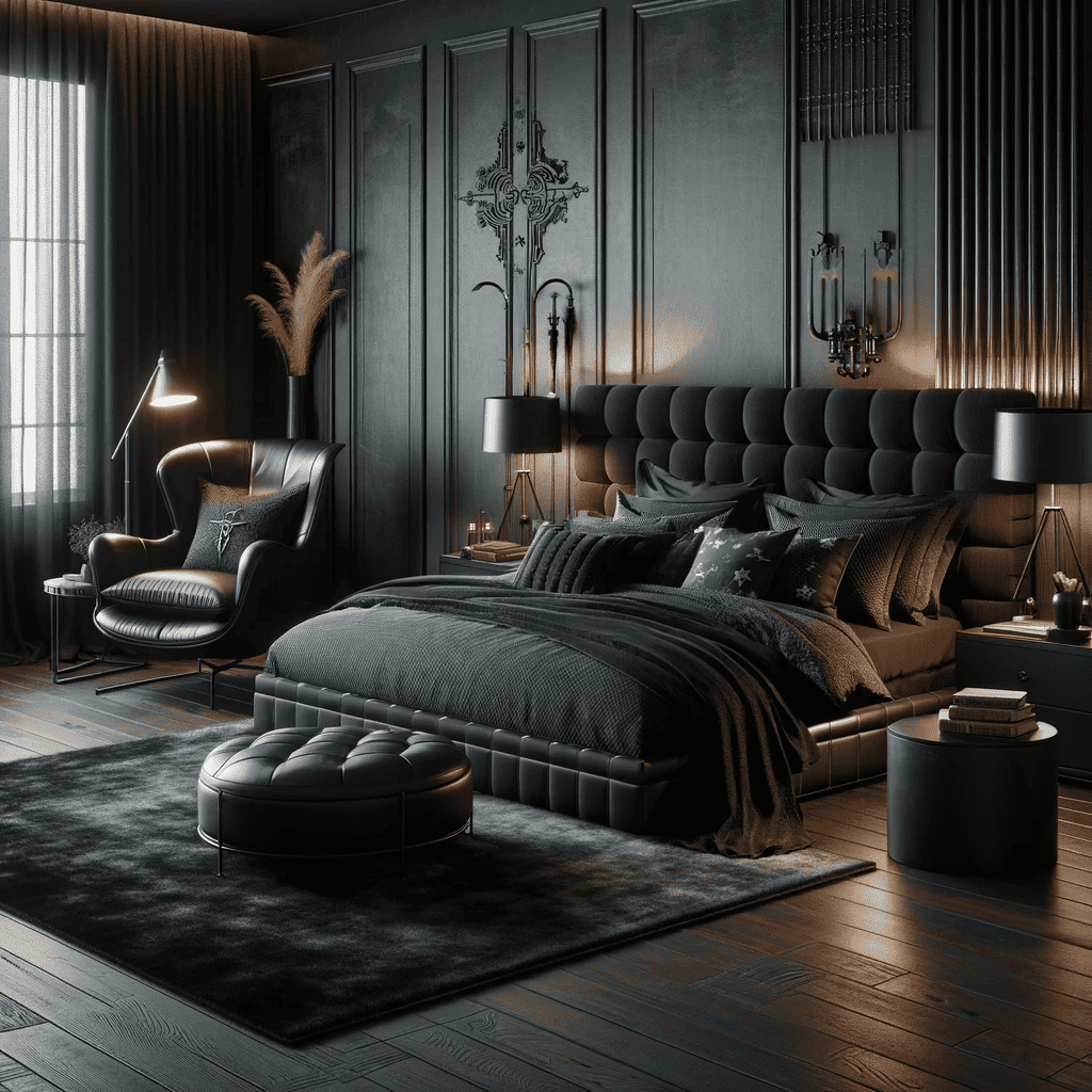 A luxurious dark-toned bedroom featuring an upholstered bed with plush bedding, an elegant armchair, a round ottoman, ambient lighting, and ornate wall panels. The bedroom has a western gothic interior.