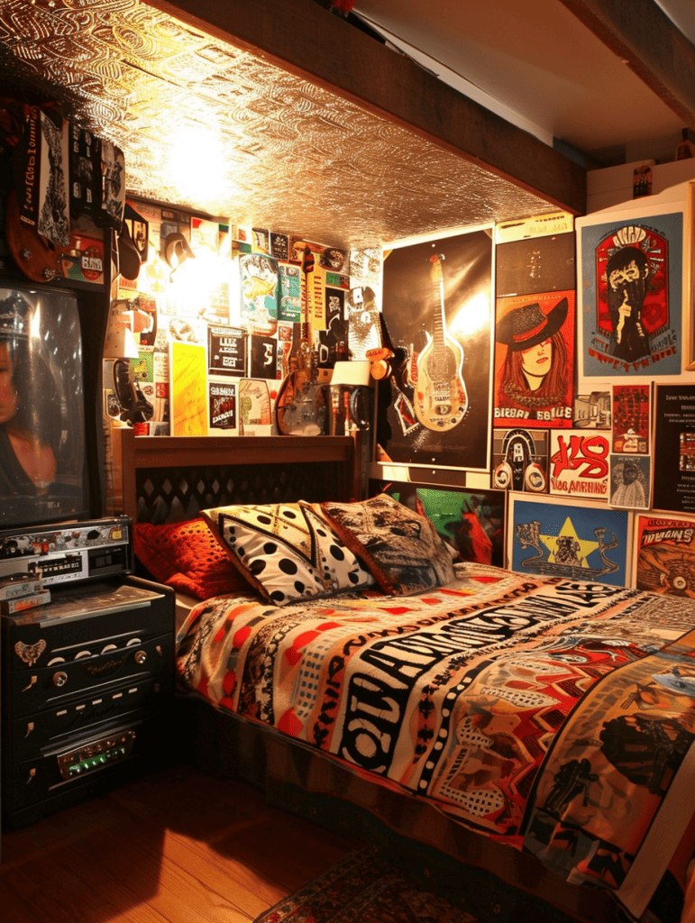 A bohemian bedroom is richly decorated with a quilted patchwork bedspread, a wall and ceiling covered in an eclectic mix of concert posters, an ornate textured ceiling panel, and a collection of guitars, evoking a warm, music-infused atmosphere ar 3:4