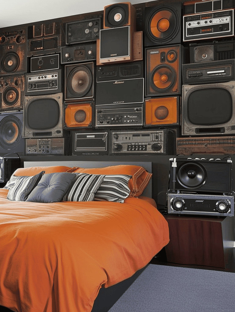 A bold bedroom boasts a unique headboard wall filled with an eclectic assortment of vintage speakers, complemented by a vibrant burnt orange duvet and striped accent pillows on the bed, with a classic boombox sitting at the bedside ar 3:4