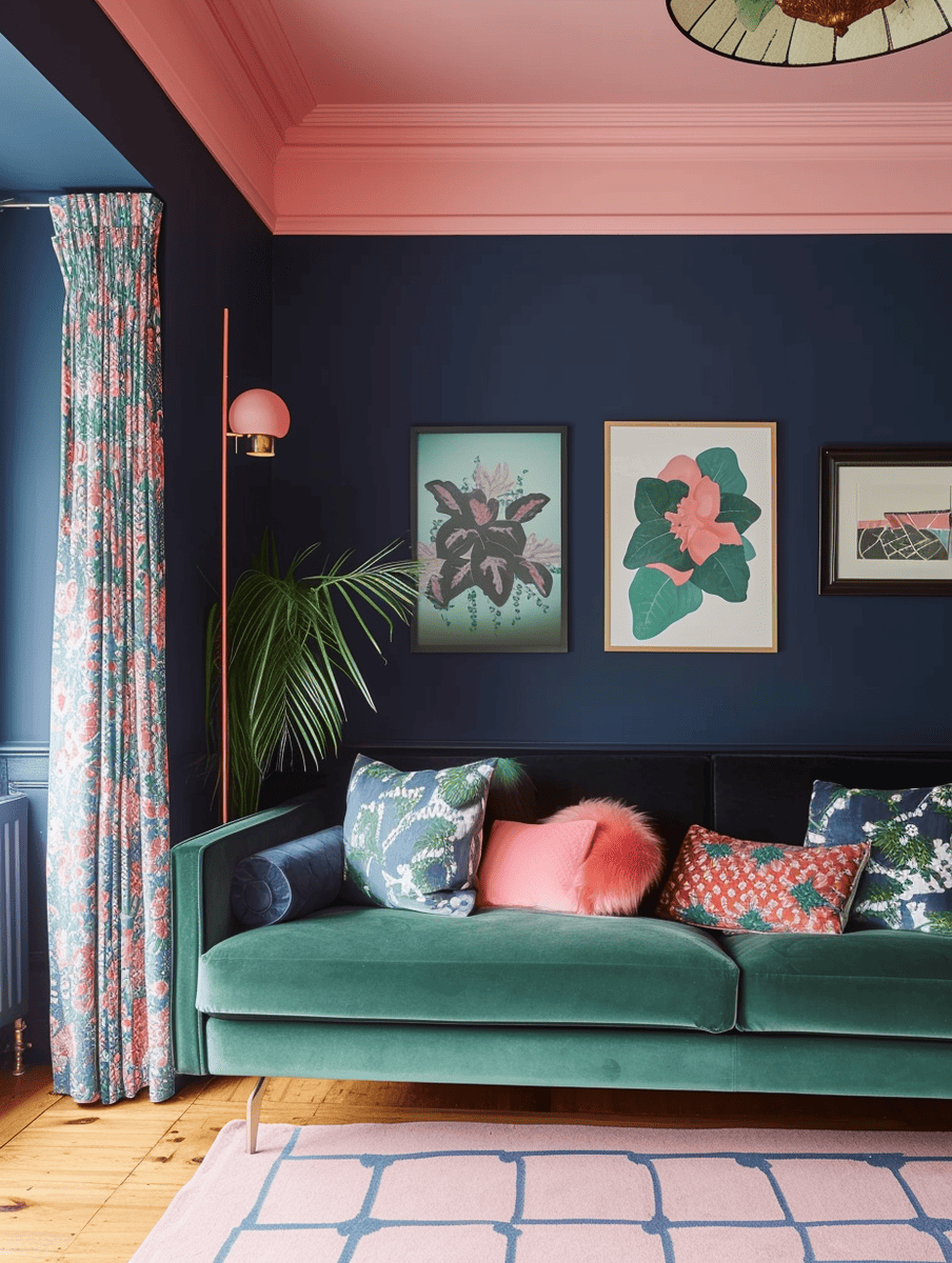 A chic East London living room adorned with a deep blue wall, soft pink ceiling, a plush emerald green sofa, and vibrant floral curtains creating a modern yet retro ambiance ar 3:4