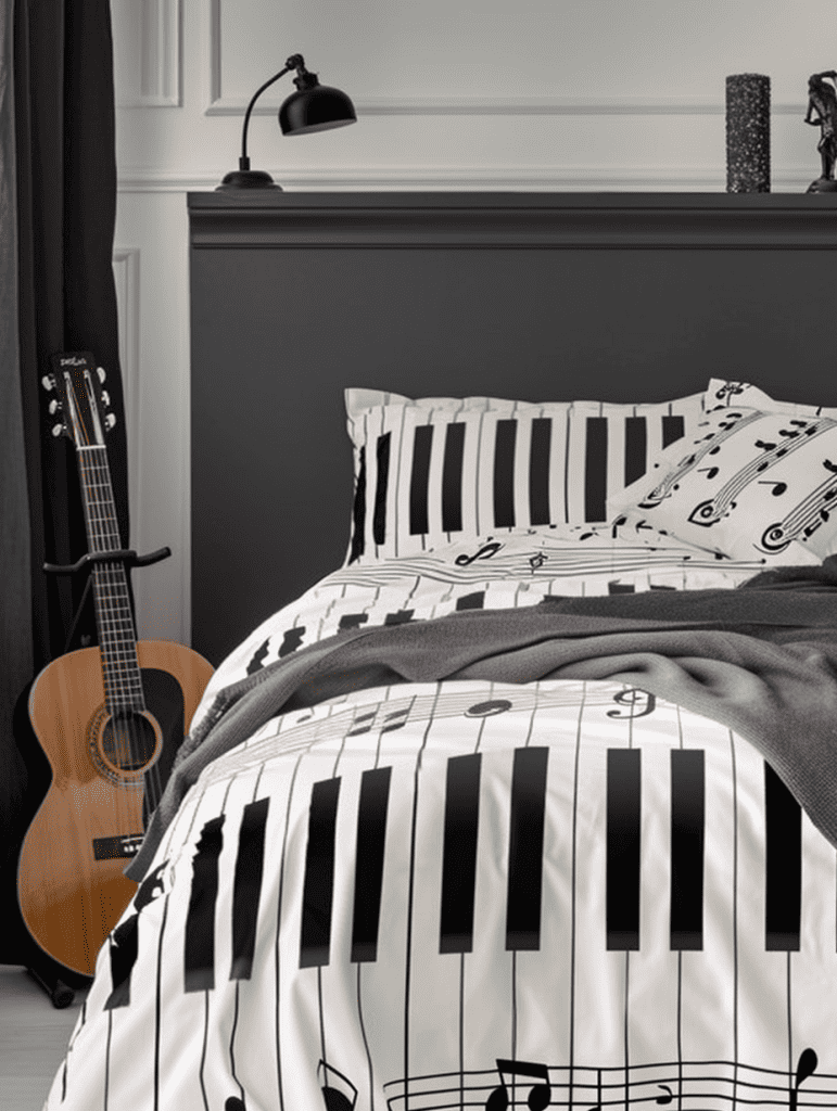 A chic, monochromatic room features a bed with piano keyboard and musical note print bedding, a classic wooden guitar resting against the wall, and an elegant black wall-mounted lamp, set against contrasting light and dark walls ar 3:4