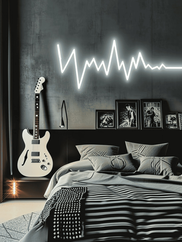 A contemporary bedroom showcases a sleek aesthetic with a white electric guitar on a dark wall, a striking neon light pulse design overhead, and a bed adorned with geometric-patterned and striped gray bedding ar 3:4