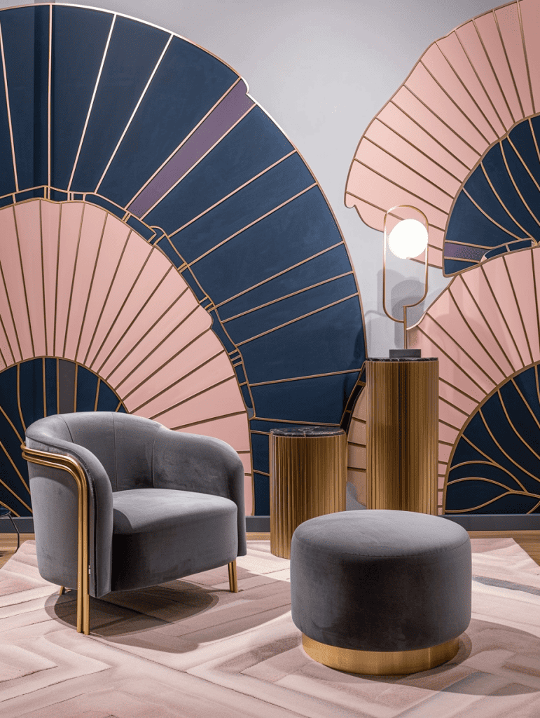 A contemporary room features a luxurious gray armchair with gold accents paired with a matching round ottoman, set against a backdrop of large, decorative fan-shaped panels in navy and blush pink with gold trim, with a unique cylindrical floor lamp adding a soft glow to the space ar 3:4