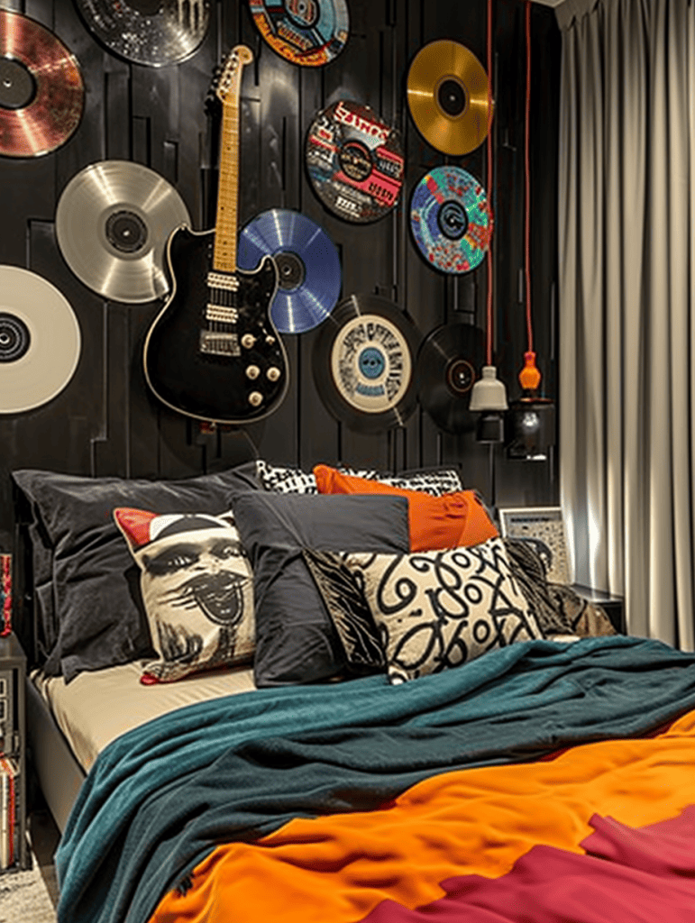 A cozy bedroom corner with a bed dressed in vibrant orange and teal bedding, an assortment of decorative pillows, and a wall adorned with various vinyl records and a black electric guitar ar 3:4