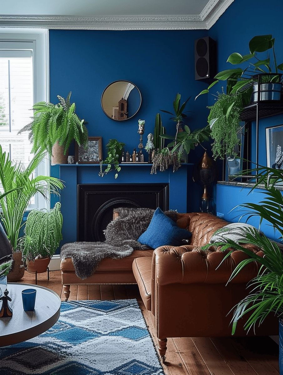 A cozy room featuring a vivid blue wall contrasted with an earth-toned leather sofa and an array of green houseplants, complemented by a geometric blue and white rug ar 3:4