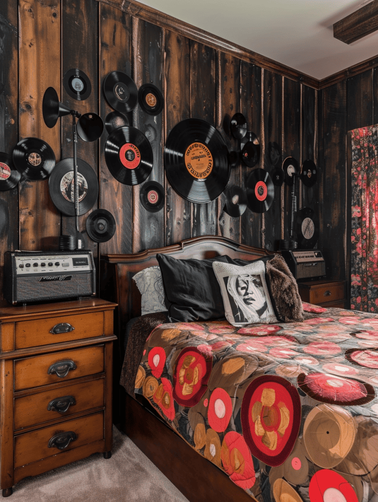 A cozy, vintage-inspired bedroom is adorned with a wall of classic vinyl records, a traditional wooden bed frame and dresser, a quilted bedspread with circular patterns, and a guitar amplifier, creating a warm, music-lover's retreat ar 3:4
