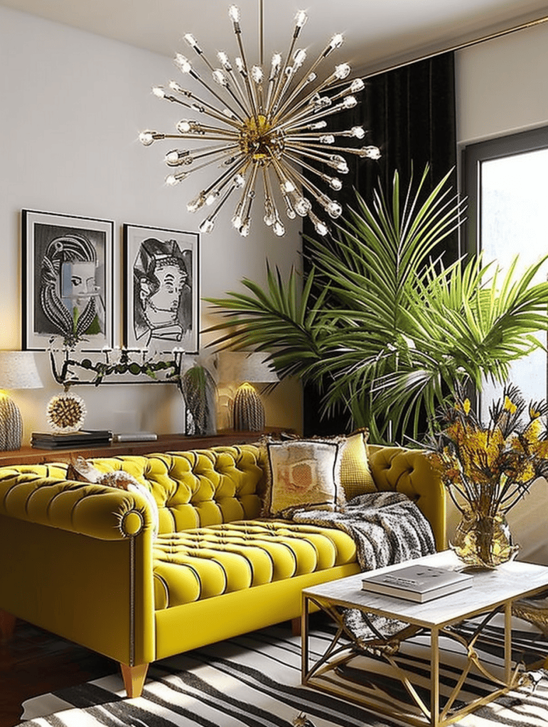 A large, lush houseplant adds a touch of greenery next to a striking yellow tufted sofa, which is adorned with patterned pillows, under a dramatic sputnik chandelier, with framed artwork on the wall adding a graphic element to the space ar 3:4