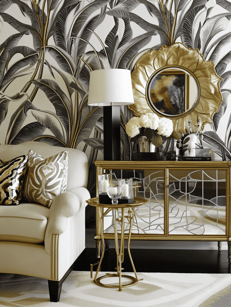 A luxurious living space boasts a richly detailed palm leaf patterned wallpaper as a backdrop to an elegant cream-colored sofa adorned with a zebra print pillow, complemented by a golden sunburst mirror and a sophisticated console table with glass shelving and golden frames, showcasing decorative items and fresh flowers ar 3:4
