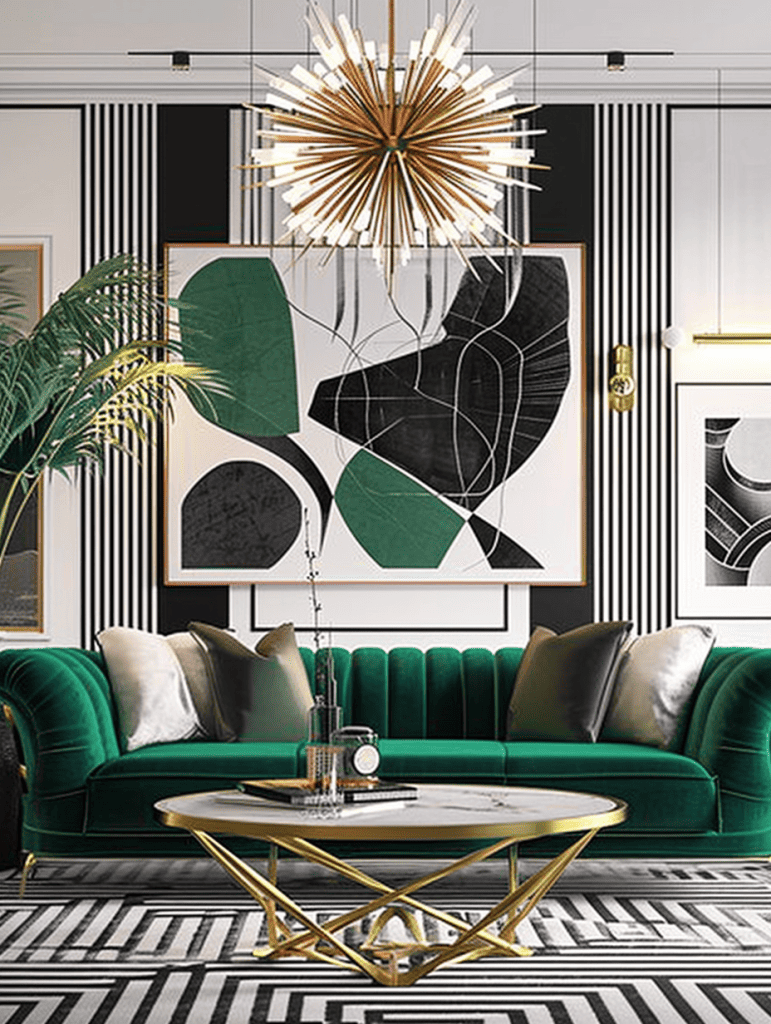 A modern, artistic living room dazzles with a bold firework chandelier, featuring radiant golden spikes emanating from a central sphere, suspended above a luxurious emerald green velvet sofa and an avant-garde gold coffee table, all set against a striking backdrop of monochromatic geometric wallpaper and contemporary black and white art ar 3:4
