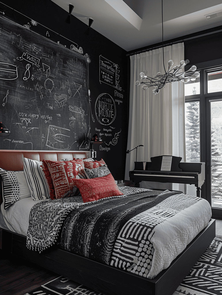 A modern bedroom combines creative flair with cozy comfort, featuring a black chalkboard wall with white doodles and music-themed diagrams, a sleek black bed with patterned bedding and vibrant red pillows, and a stylish atom-shaped ceiling light, with a window offering a view of the outdoors ar 3:4