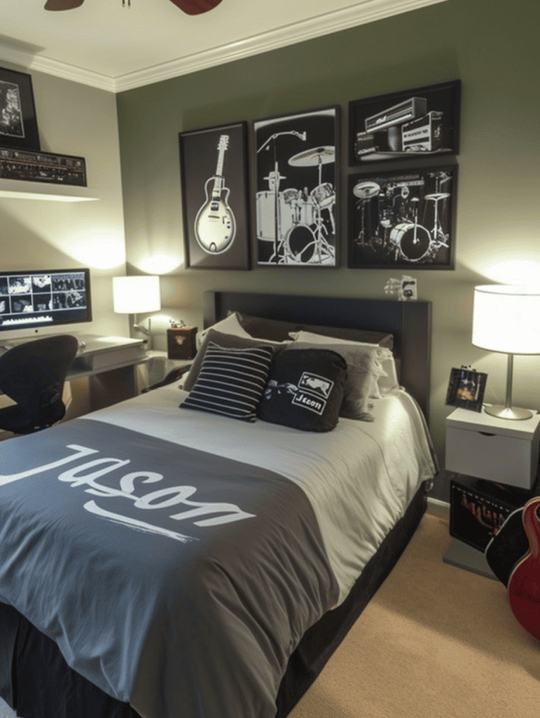 A modern musician's bedroom boasts a cozy bed with gray bedding featuring a large white logo, flanked by two nightstands and lamps, with monochromatic framed pictures of musical instruments above, complemented by shelves of records and a red guitar to the side ar 3:4