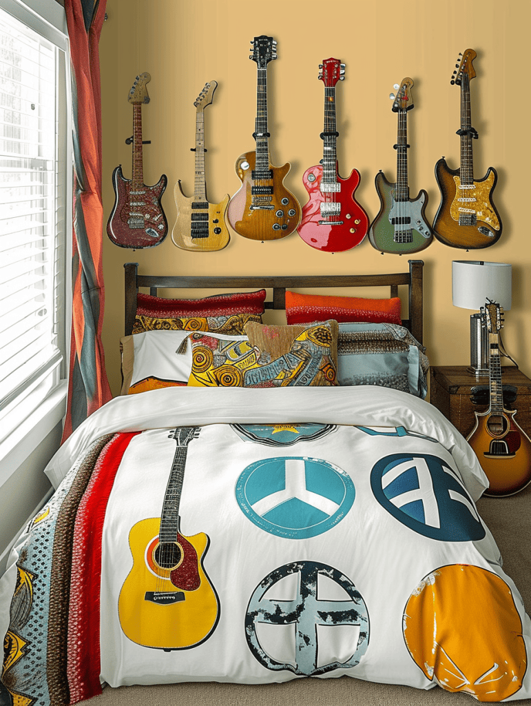 A music-themed bedroom showcases a collection of various ar 3:4