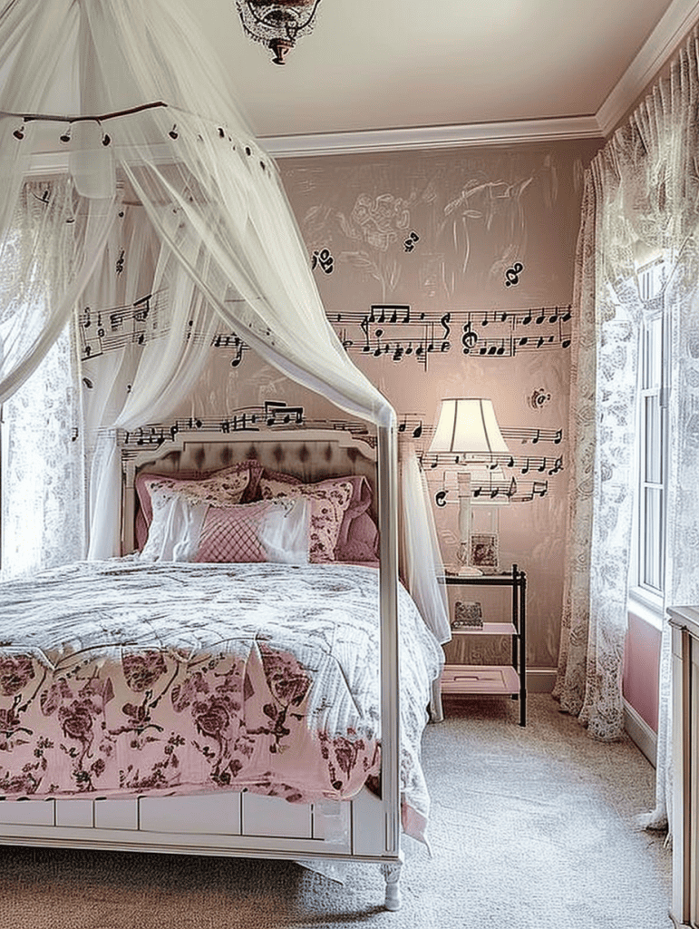 A romantic bedroom exudes charm with a pink color palette, featuring a four-poster bed draped in sheer white fabric, a floral bedspread, and walls adorned with musical score wallpaper, completed with lace curtains and classic furnishings ar 3:4