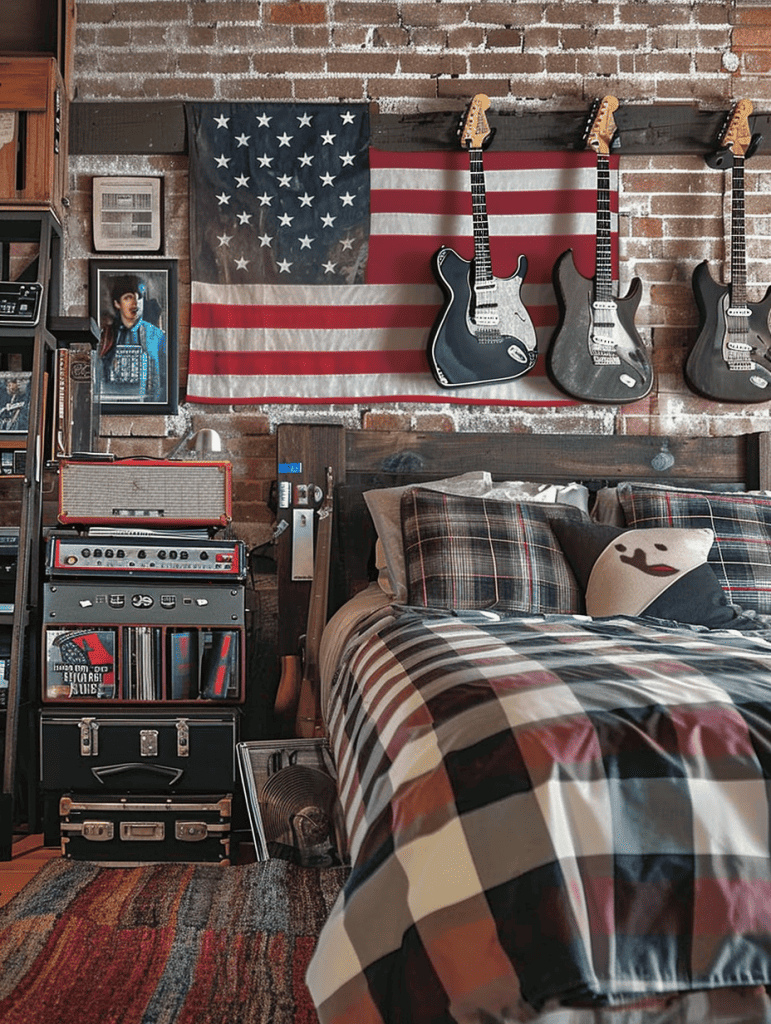 A rustic bedroom with an Americana vibe features an exposed brick wall with an American flag, three electric guitars hung above, a bed with plaid bedding, and a vintage amplifier and road cases, creating a rock-inspired ambiance ar 3:4