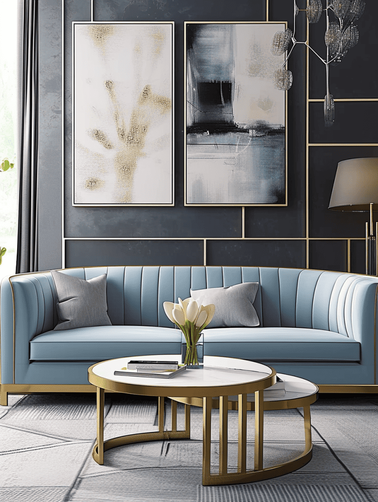 A serene living space is adorned with two pieces of abstract wall art—one with gold speckles resembling a handprint, the other a blend of black and blue hues—above a sleek, pale blue sofa, with a modern gold and white coffee table at its center, hosting a vase with white flowers, books, and a notepad ar 3:4