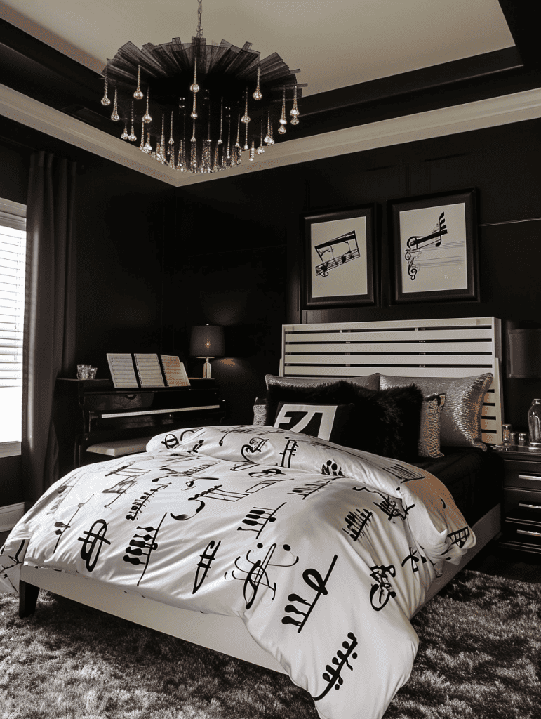 A sophisticated bedroom with a dramatic black and white theme features a bed with a musical note printed comforter, framed music-themed artwork above a striped headboard, all under a striking chandelier, with a soft glow from a window on the side ar 3:4 