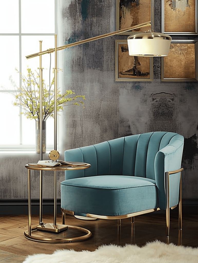 A sophisticated space is accented by a plush teal armchair and a chic gold-trimmed end table supporting a stylish clock and a book, with a tall, slender floor lamp extending over the scene, all set against a wall with abstract art and a window letting in natural light ar 3:4