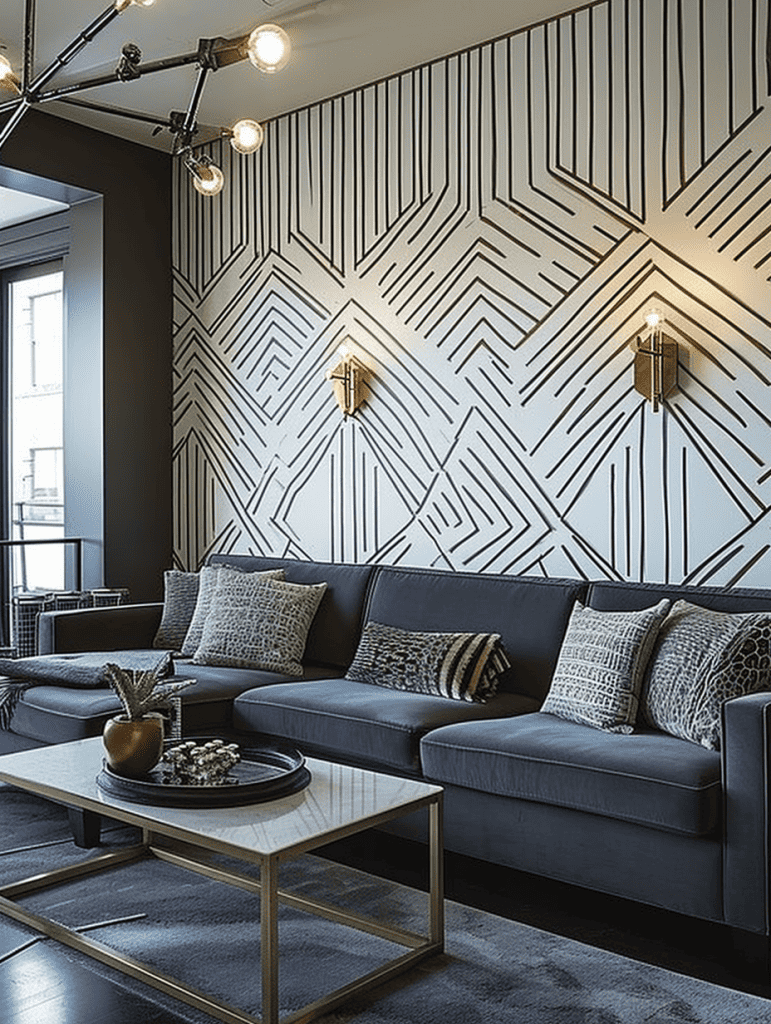 A stylish interior is highlighted by a bold black and white herringbone-patterned wallpaper, with a sleek charcoal gray sectional sofa accented by various textured pillows, and the room is warmly lit by an industrial-style ceiling track lighting system and chic wall sconces with a brass finish adding a touch of elegance ar 3:4