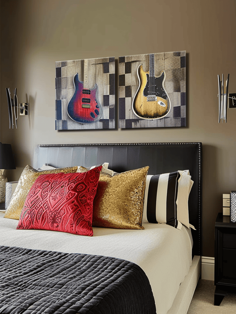 A tastefully designed bedroom is highlighted by a bed dressed with a mix of red, gold, and striped pillows, a charcoal grey quilted throw, and a two-panel wall art above showcasing electric guitars against a checkered taupe backdrop ar 3:4