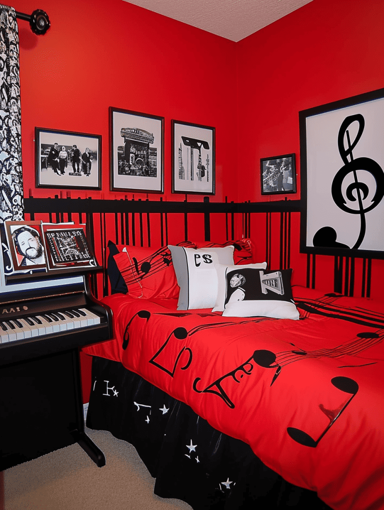 A vibrant bedroom features striking red walls with framed black and white music-themed photos, a bed with red and black bedding adorned with musical notes and symbols, and a digital piano, creating a dynamic and creative space ar 3:4
