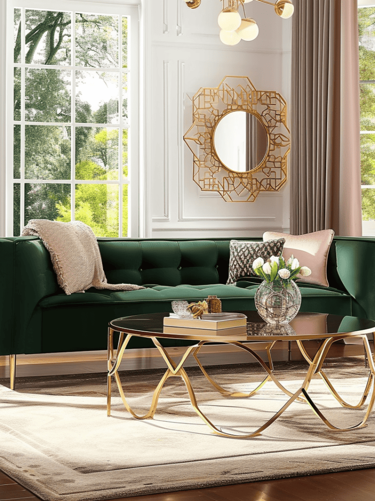 A vibrant living room with a deep green sofa adorned with cozy pillows, a sophisticated gold geometric mirror on the wall, and a striking gold coffee table with a glass top, which holds decorative items and sits atop a plush area rug, all illuminated by a modern gold chandelier and natural light from large arched windows ar 3:4